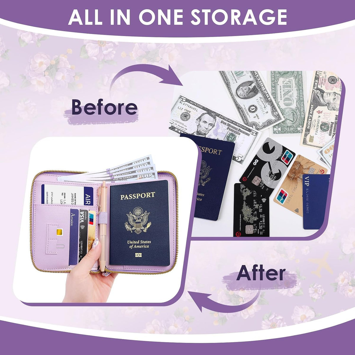 KONVINIT Purple Passport Holder For Travel, RFID Blocking Leather Passport Cover For Women, Cute Passport Wallet with Zipper Closure
