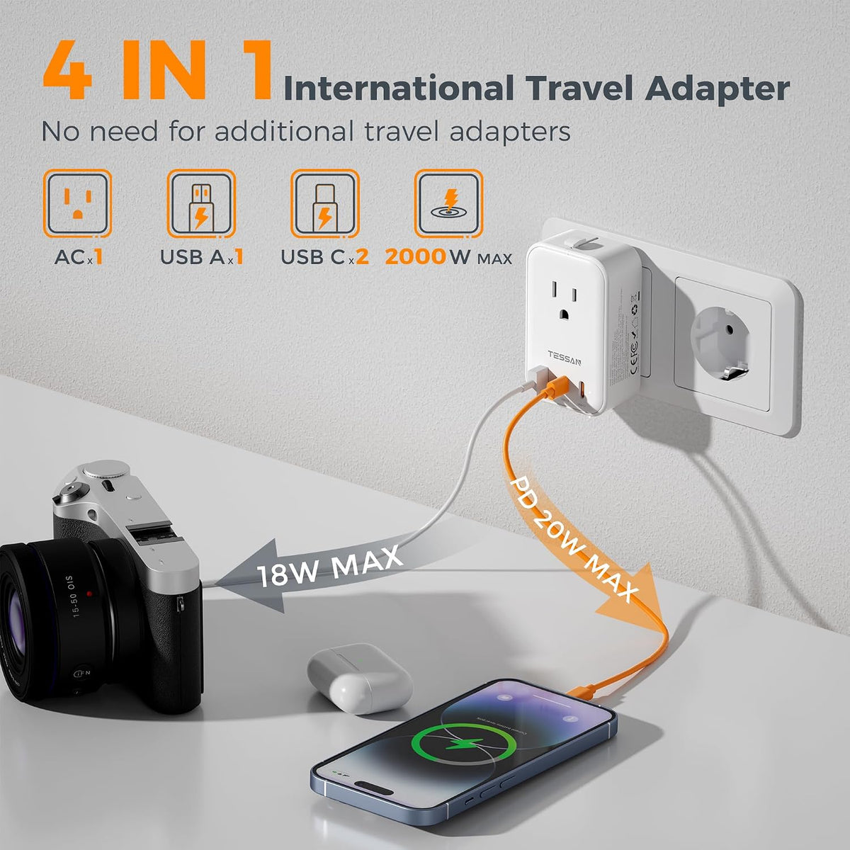 TESSAN Universal Travel Adapter PD 20W, White
