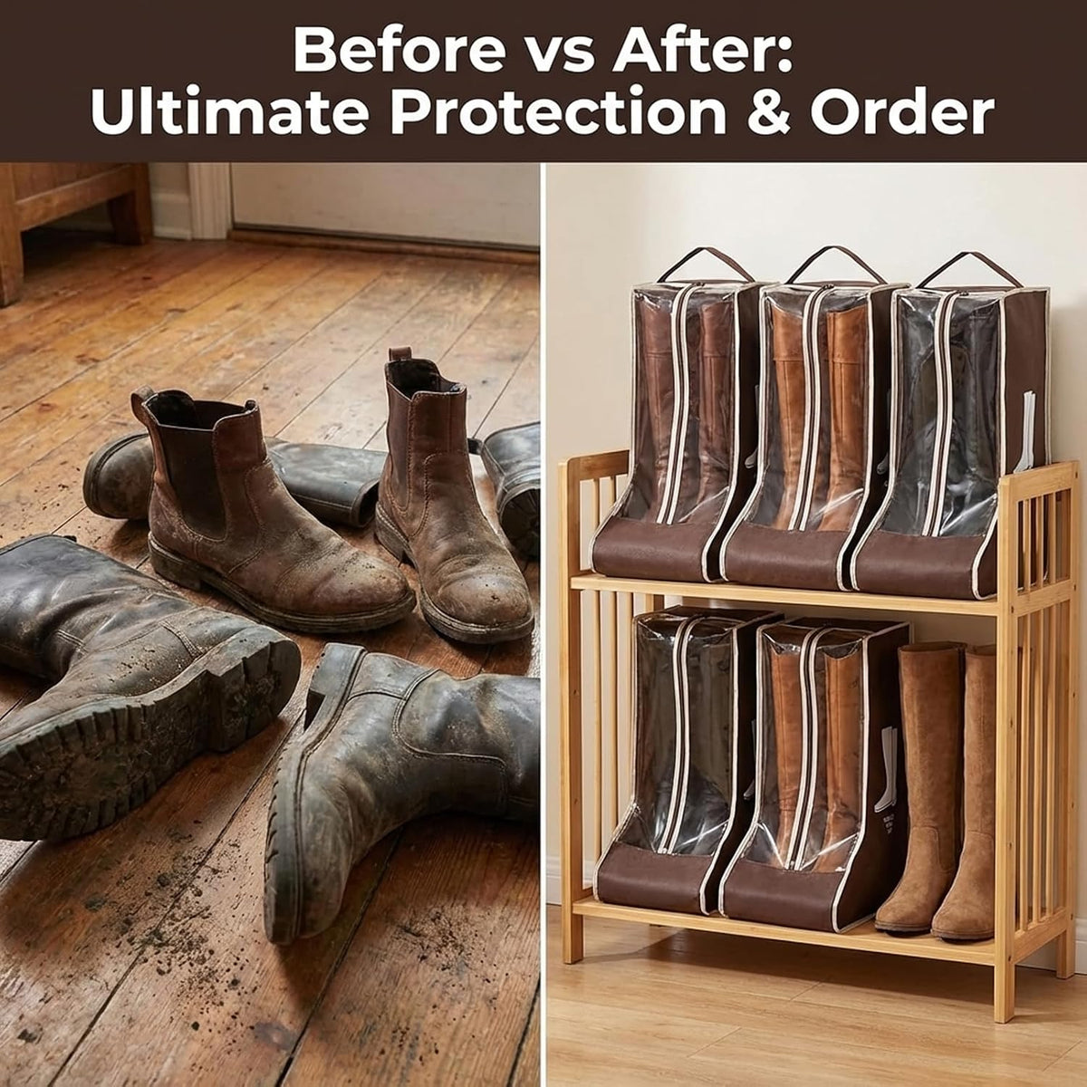 Tall Boot Storage Bag Organizer for Closet and Travel, Portable Dustproof Bags for Cowboy (2 Pcs Dark Brown Long Boot)