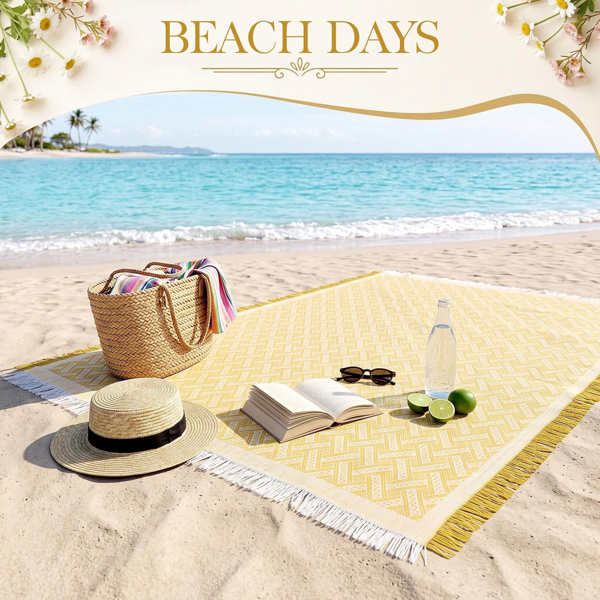 1 Pack White Yellow Extra Large Picnic Blanket, 71 x 91 Inches