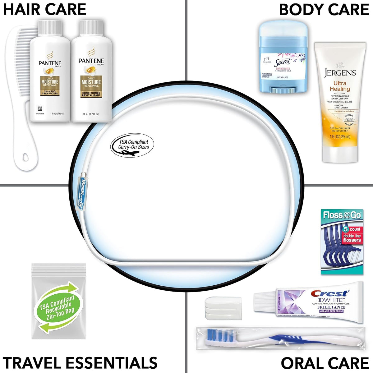 Convenience Kits International Women's Deluxe 10 Piece Kit with Travel Size TSA Compliant Essentials Featuring: Pantene Hair Products in Reusable Toiletry Zippered Bag