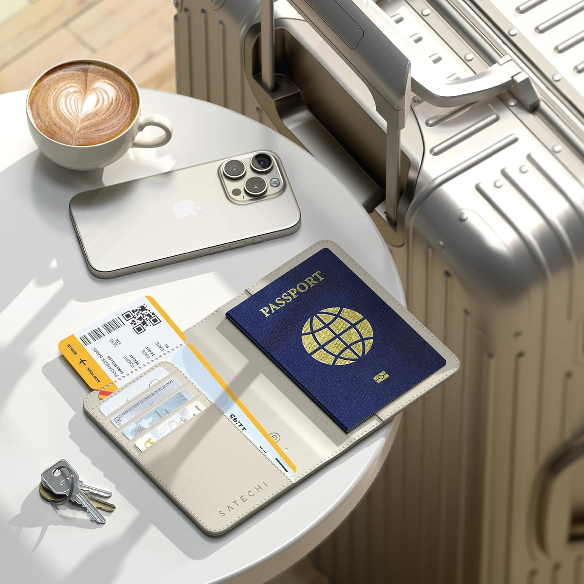 Satechi Passport Holder with Find My Tracking, 4-Slot Card Wallet, Sand