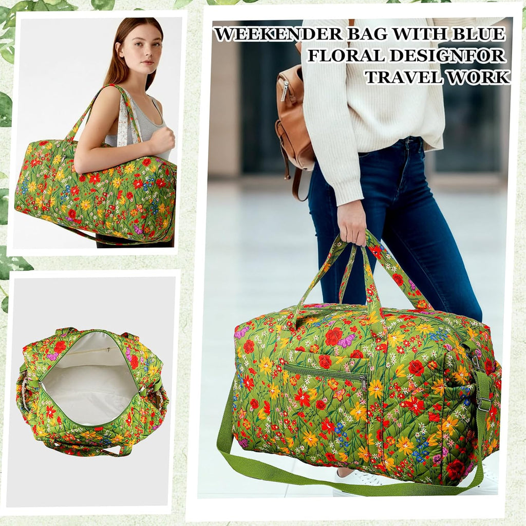 Large Quilted Travel Duffle Bag for Women, Yellow Green Grassland