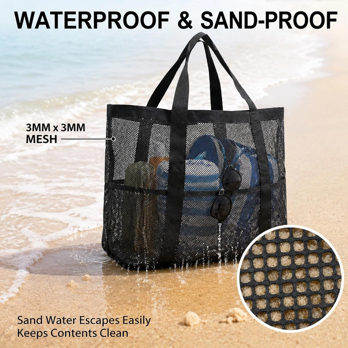SUPACOOL Large Mesh Beach Bag for Men and Women, Beach Tote Bag for Family,Pool bag, with a Waterproof Zipper Pocket