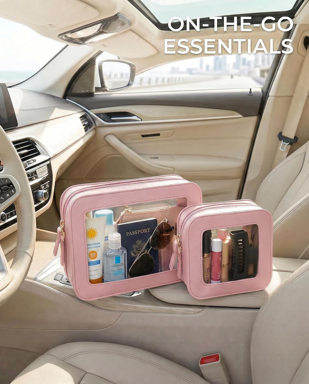 LETGO Makeup Bag Set of 2,Travel Toiletry Bag for Women, Small Cosmetic Bags Cute PVC Makeup Pouch for Purse Emergency Bag Car Accessory Bag for Girls (2Pack-Standard&Square, Light Pink)