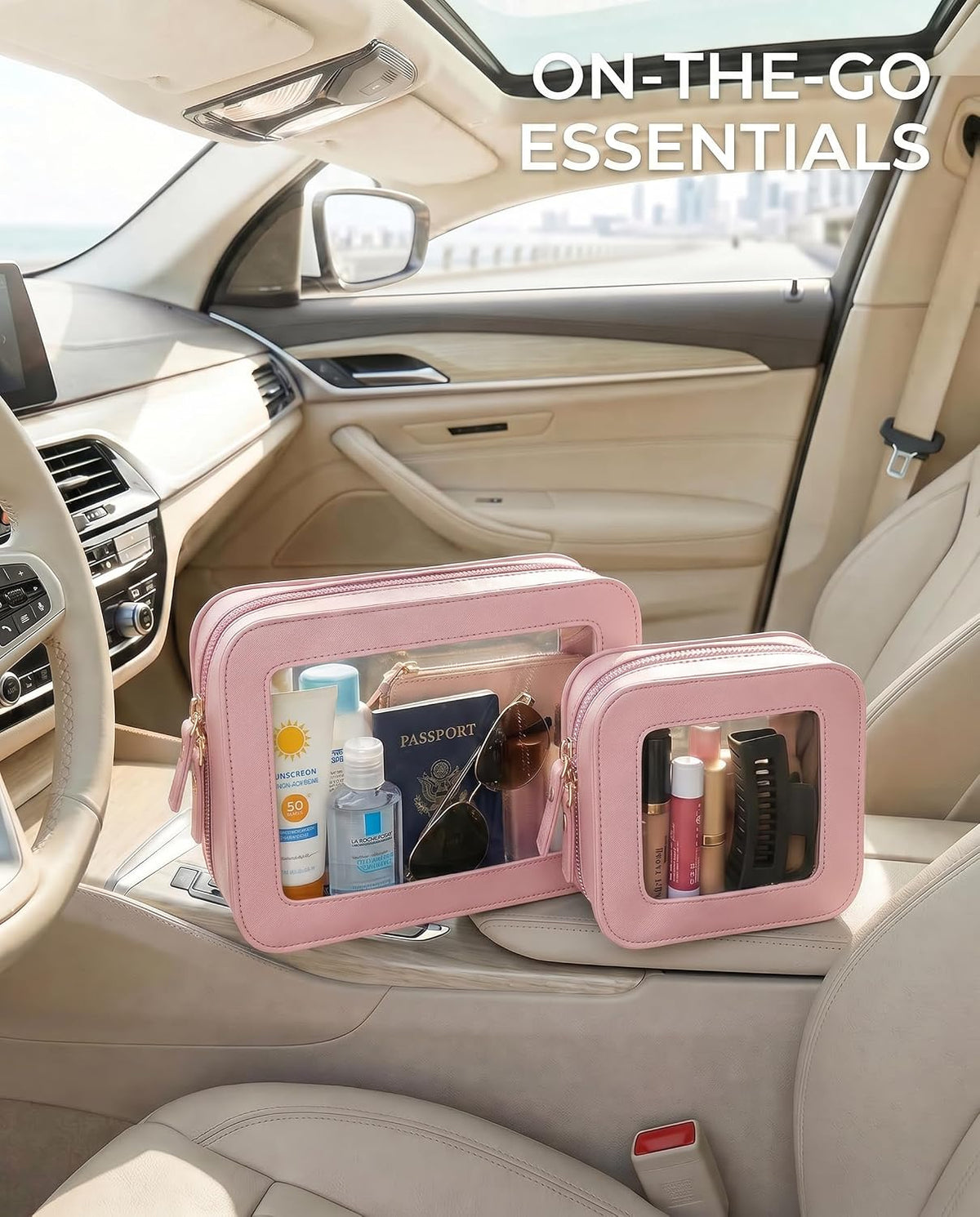 LETGO Makeup Bag Set of 2,Travel Toiletry Bag for Women, Small Cosmetic Bags Cute PVC Makeup Pouch for Purse Emergency Bag Car Accessory Bag for Girls (2Pack-Standard&Square, Light Pink)