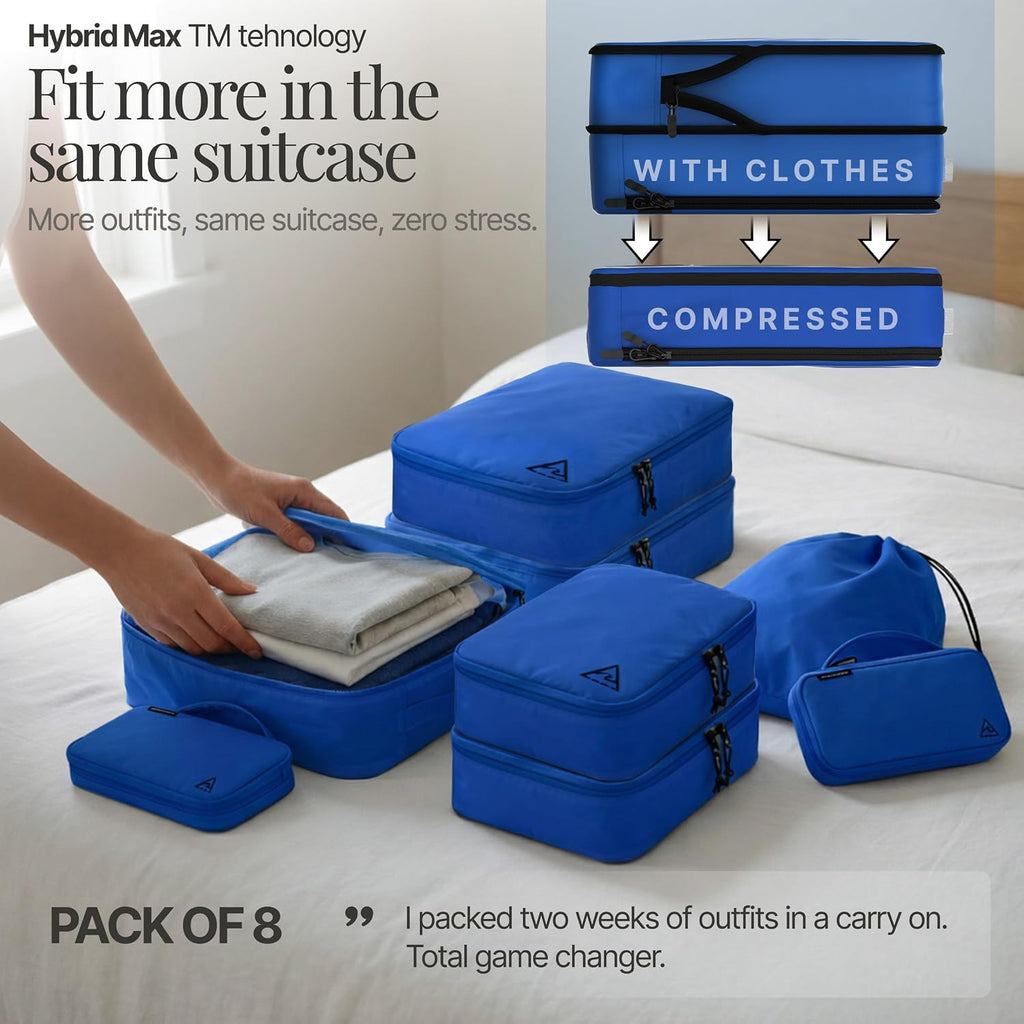 Well Traveled 8 pcs Compression Packing Bags Cubes Set with HybridMax Double-Capacity Design - Packing Cubes for Travel Compression to Maximize Limited Luggage Space, Blue