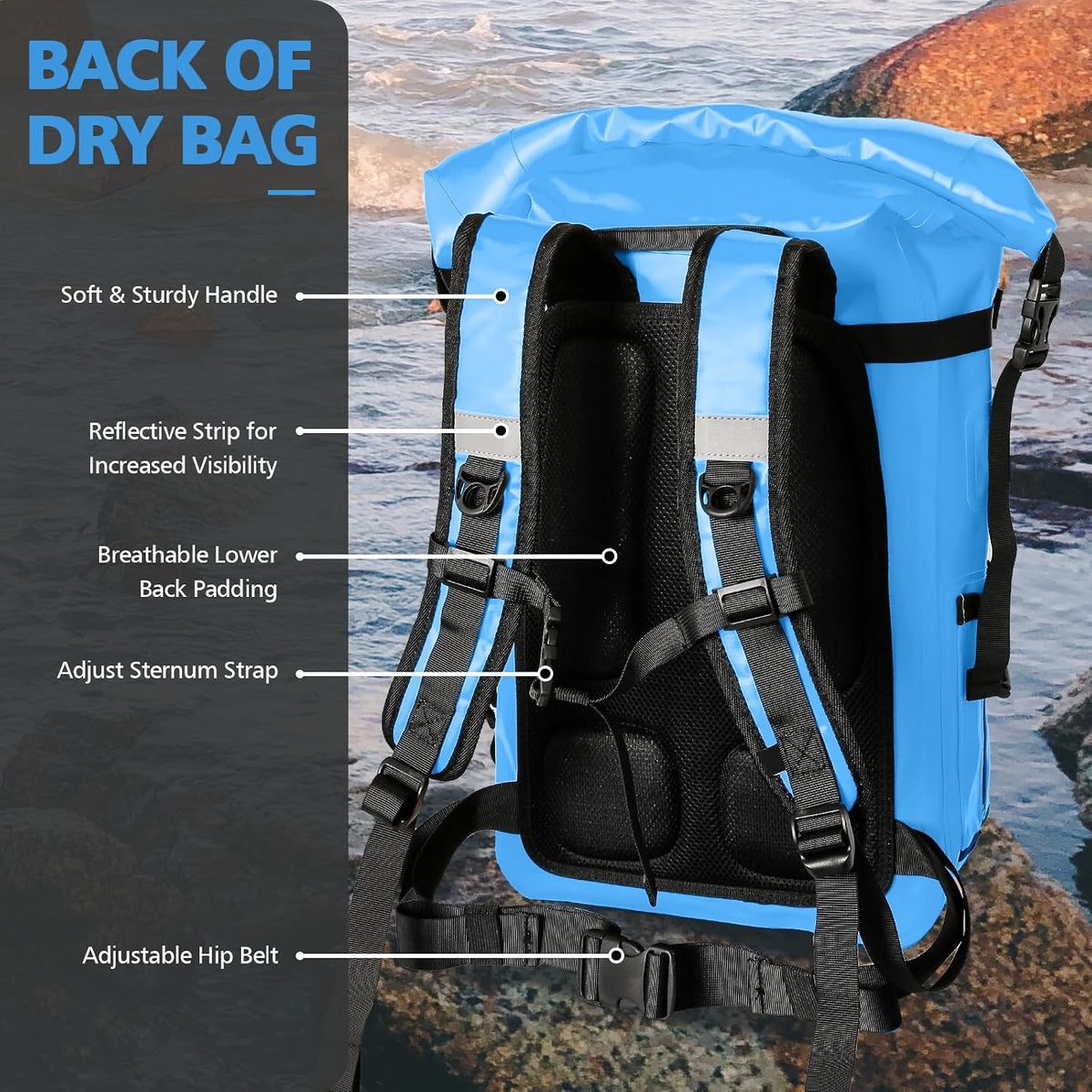 30L Roll Top Waterproof Floating Backpack, Equipment Pocket, Marine Floating Dry Bags for Kayaking Tracing Beach Fishing Hiking Survival Camping Travel (Blue)