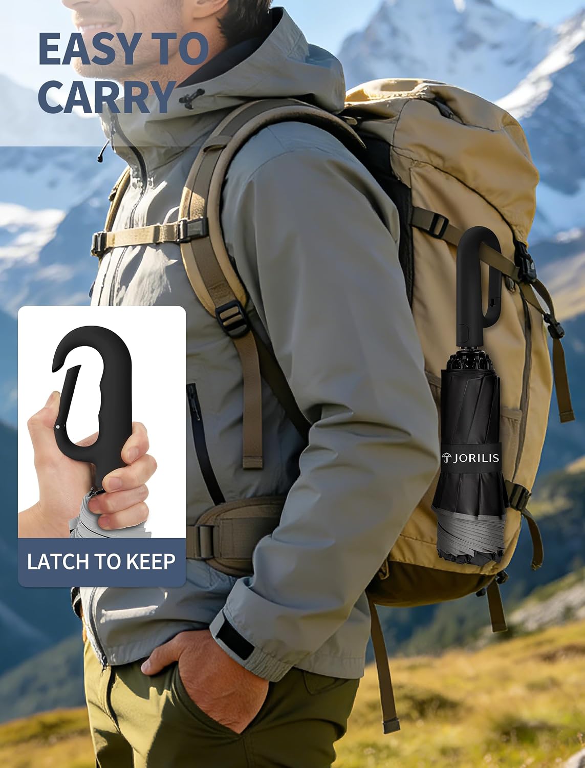 Jorilis Inverted Umbrella with Carabiner Handle, Windproof UV Sun & Rain