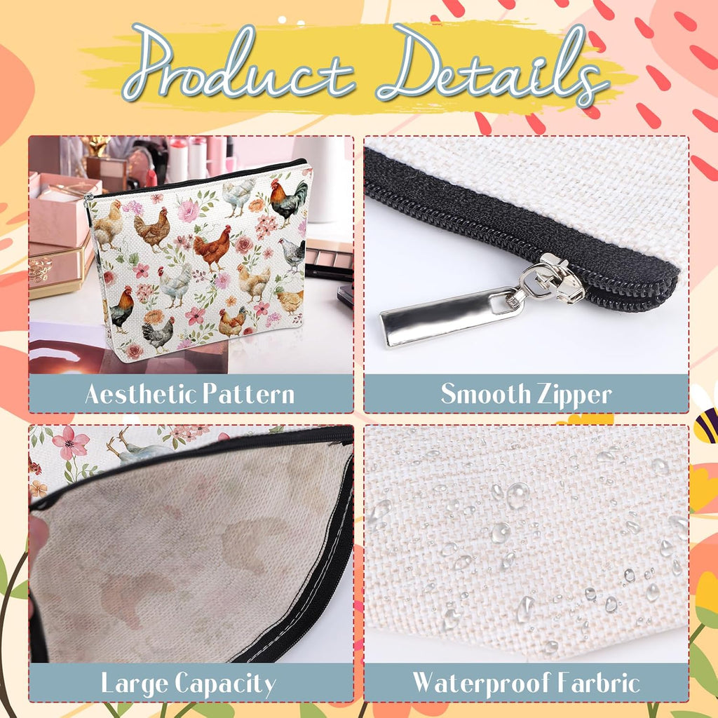 Chicken Lovers Gifts Makeup Bag Floral Chicken Cosmetic Bag with Zippers, Funny Farm Animal Gifts for Daughter Sister Mother Besties Friends Familes Birthday Christmas Valentines Presents