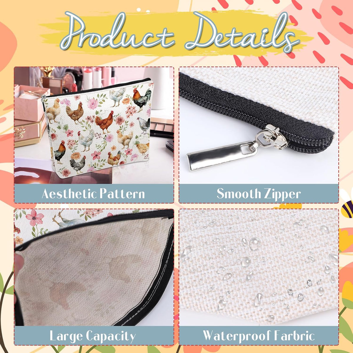 Chicken Lovers Gifts Makeup Bag Floral Chicken Cosmetic Bag with Zippers, Funny Farm Animal Gifts for Daughter Sister Mother Besties Friends Familes Birthday Christmas Valentines Presents