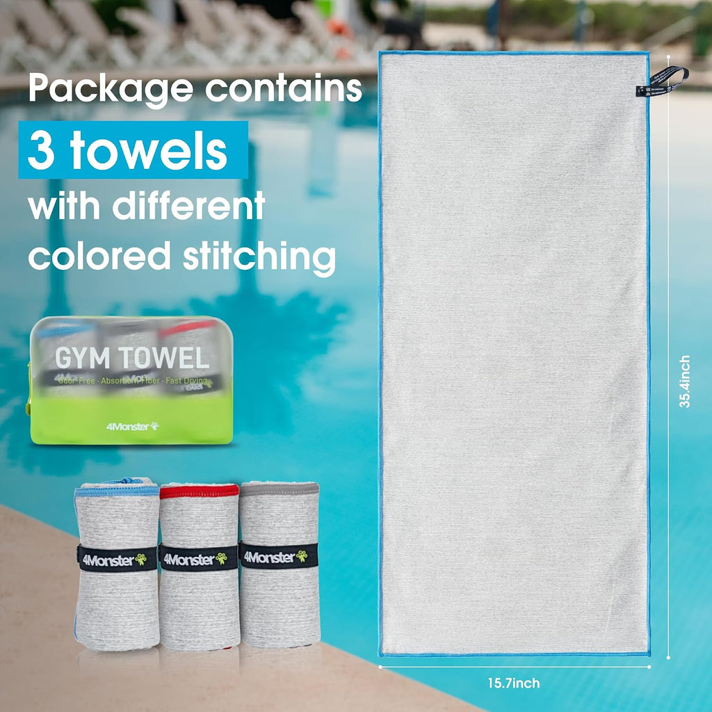 4Monster Microfiber Gym & Travel Towel Set, Quick Dry Camping Towel, Ultra Soft Absorbent Workout Towel for Beach, Pool & Shower (Blue & Gray & Red, 3)