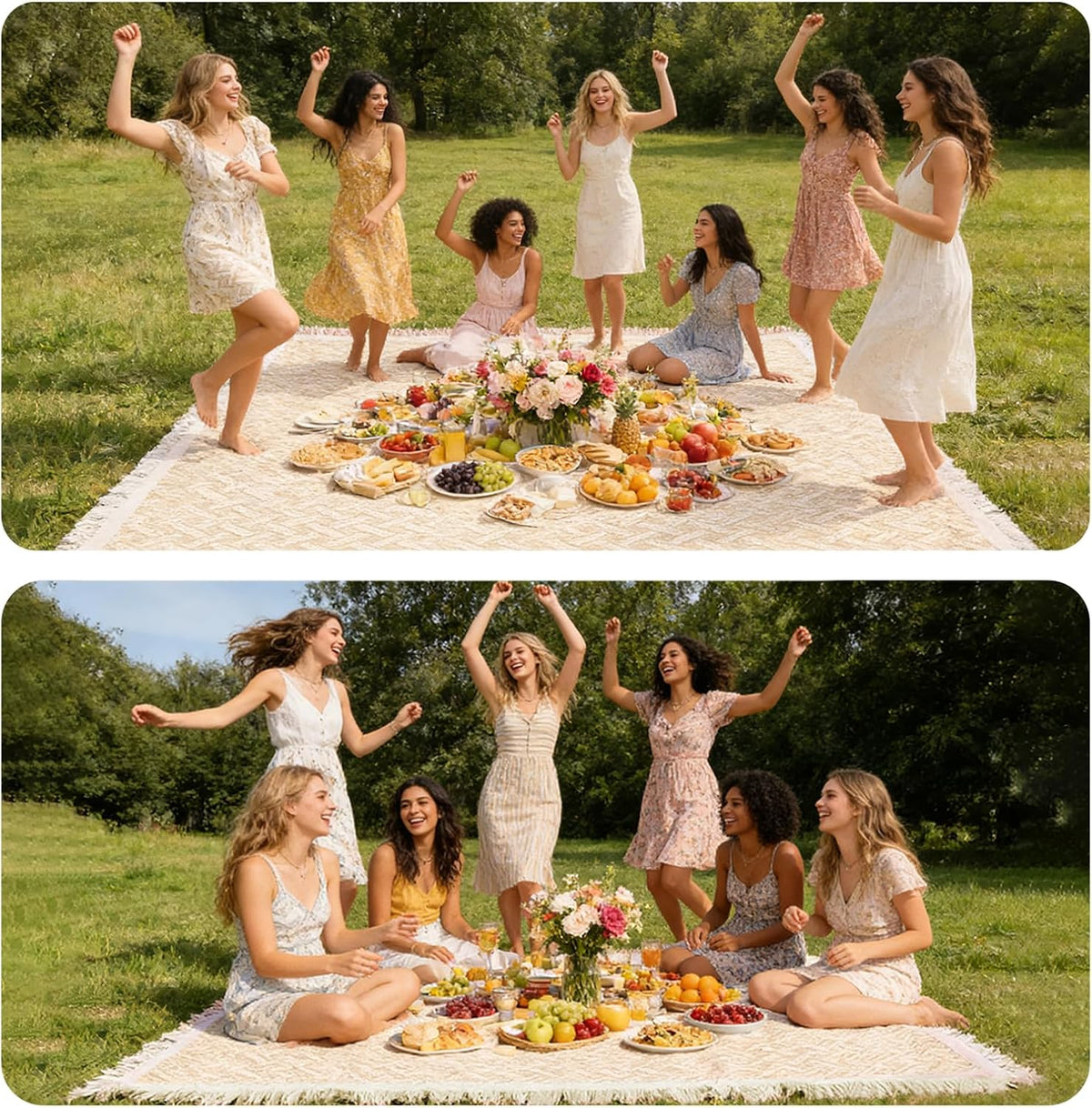 Boho Cotton Picnic Blanket, Beige 90×97 Inch Woven Outdoor Grass Mat