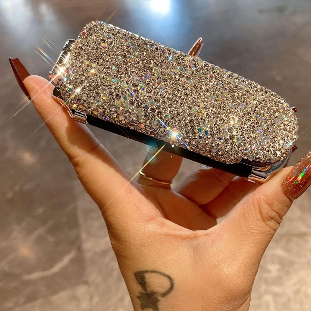 1 Pack Rhinestone Pocket Hair Brush with Mirror Bling Travel Folding Combs Sparkle Portable Collapsible Compact Comb for Women Wedding Party Silver White (No Chain-White)