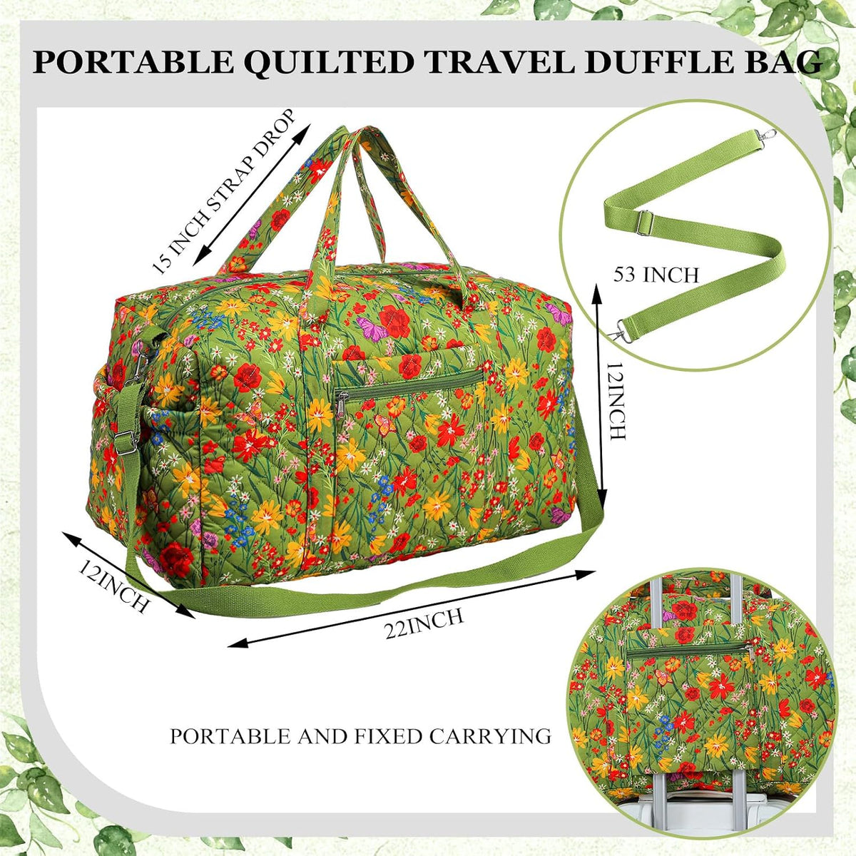 Large Quilted Travel Duffle Bag for Women, Yellow Green Grassland