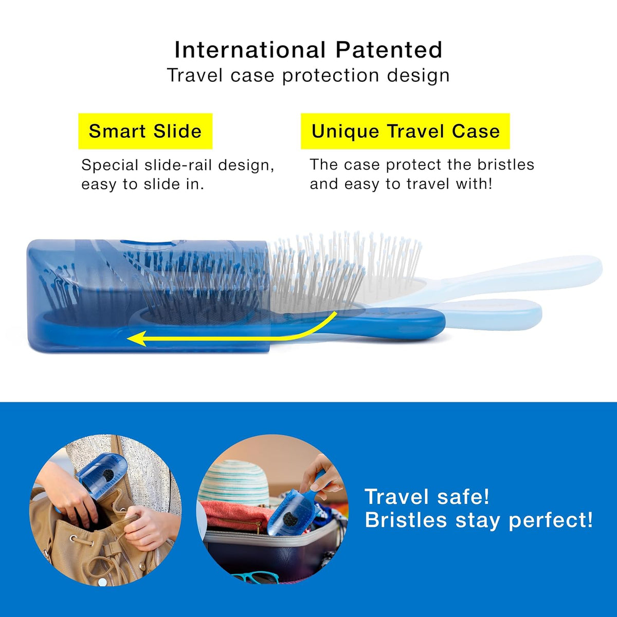 NuWay® Traveler® Patented Compact Hair Brush for Purse, Gym & Daily Carry - Gentle Detangling Brush for Wet or Dry Hair, Everyday Scalp Comfort (Dark Blue)