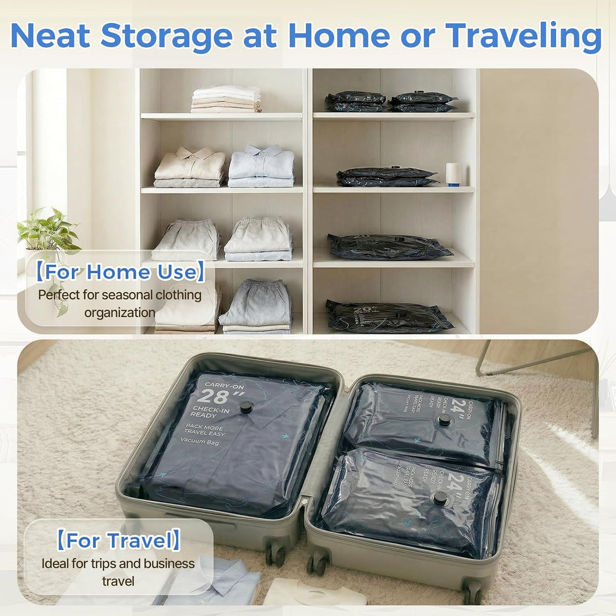 18 Pack Vacuum Seal Bags for Clothing Travel with Electric Pump (4 Large 28", 8 Medium 24", 6 Small 20") Heavy Duty 0.08mm Travel Vacuum Bags for Luggage & Moving, Reclaim 80% Space
