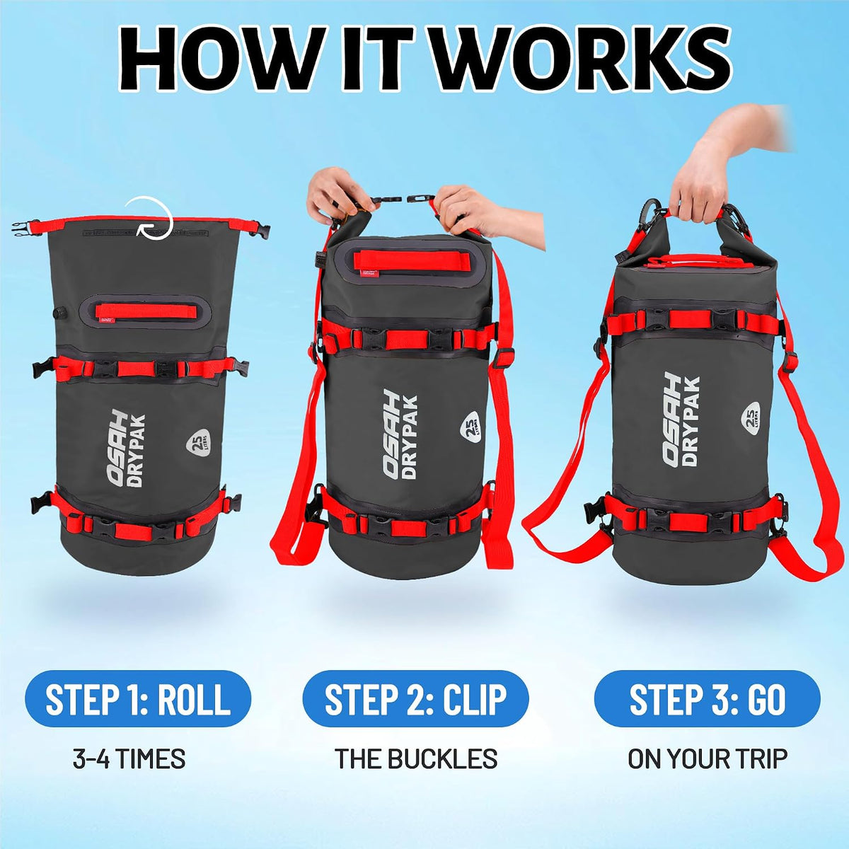 OSAH DRYPAK 25L Waterproof Dry Bag - Motorcycle Luggage Tail Bag with Straps for Back Seat, Roll Top Lightweight Waterproof Backpack Sack for Travel, Swimming, Boating, Kayaking, Camping and Beach