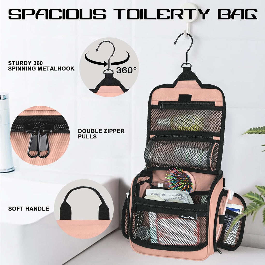 Goloni Hanging Toiletry Bag for Men Women, Water-Resistant Organizer,Pink