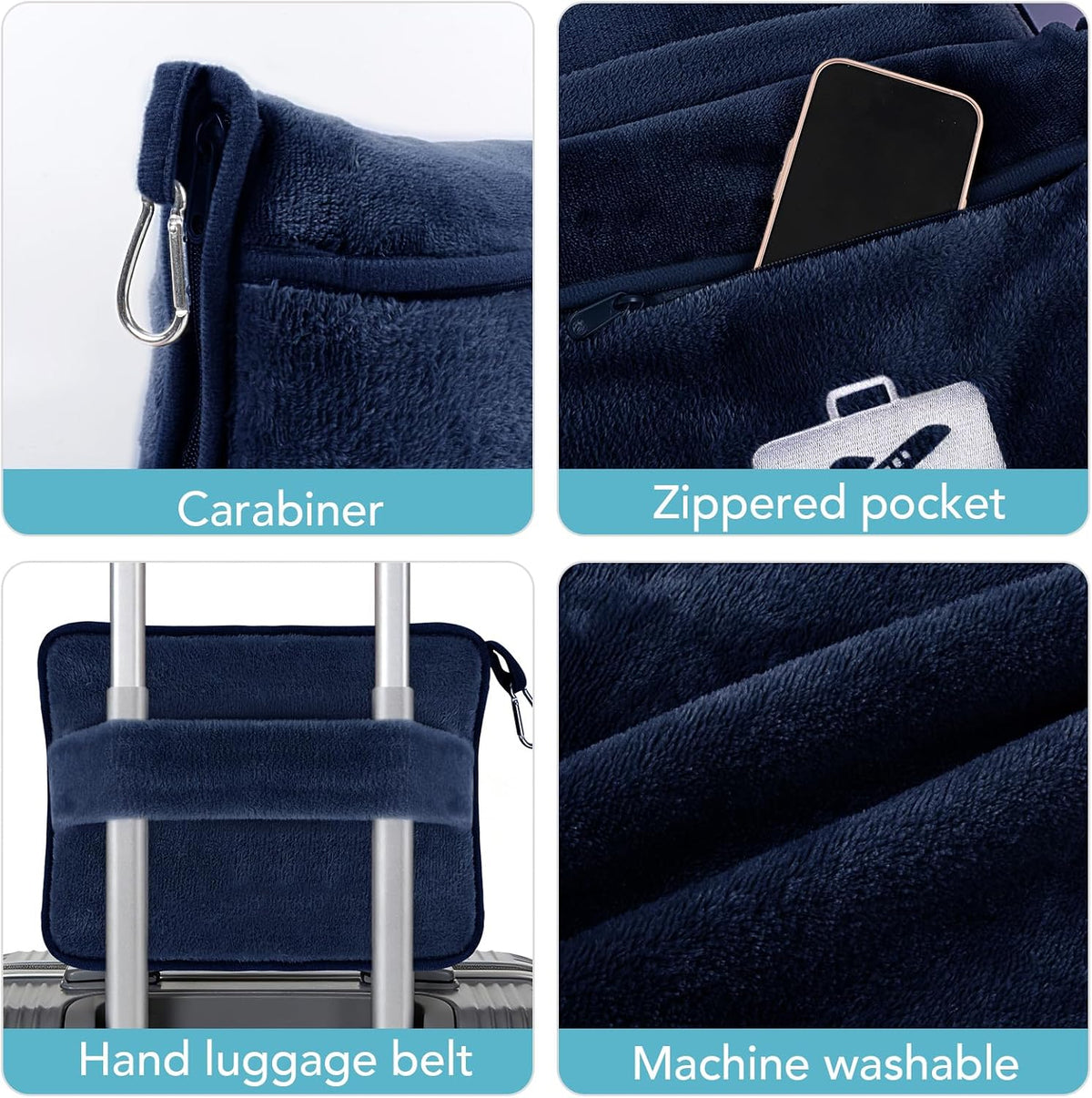 SINLAND Travel Pillow and Blanket 2-in-1 Set, Navy Blue, 60x50 Inch