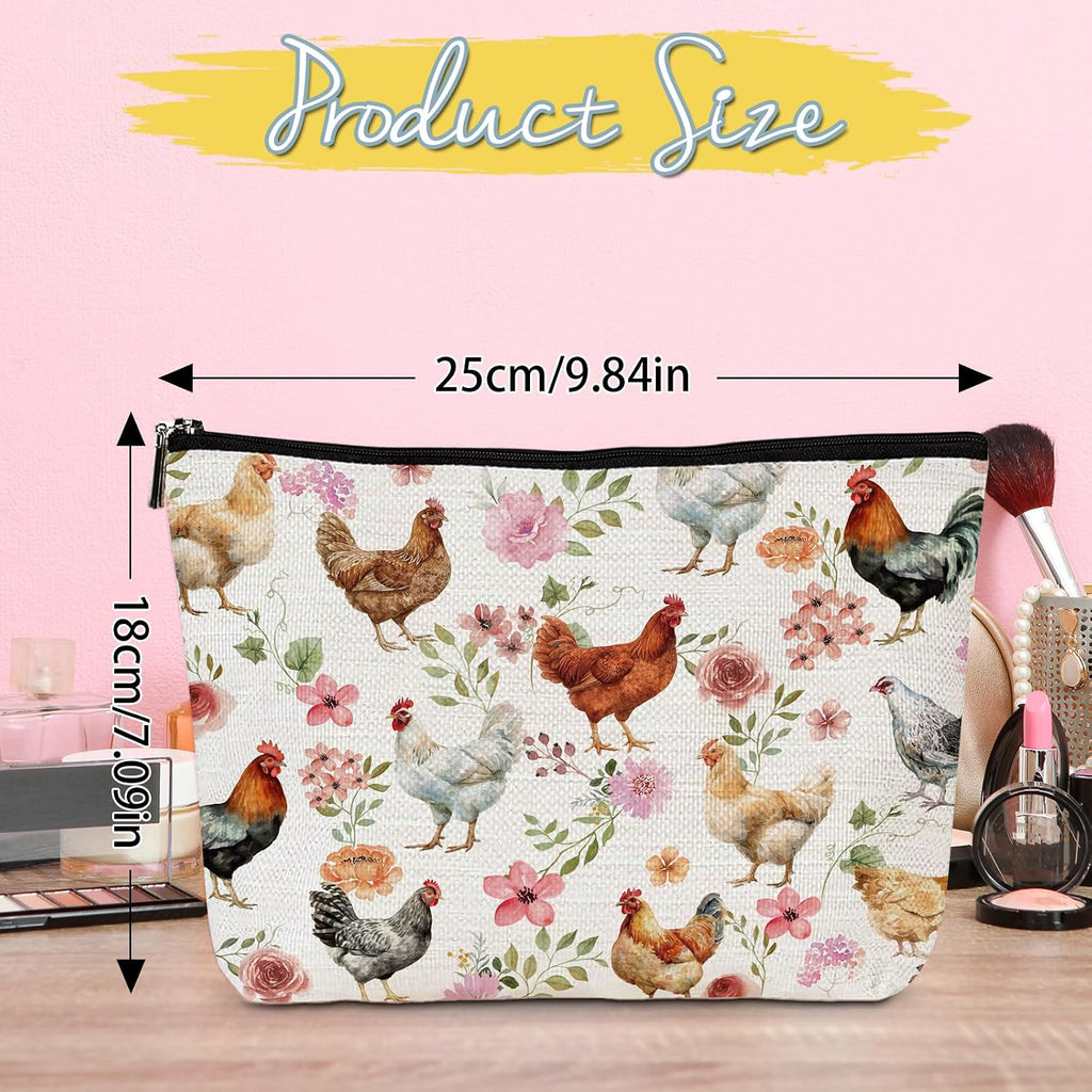 Chicken Lovers Gifts Makeup Bag Floral Chicken Cosmetic Bag with Zippers, Funny Farm Animal Gifts for Daughter Sister Mother Besties Friends Familes Birthday Christmas Valentines Presents