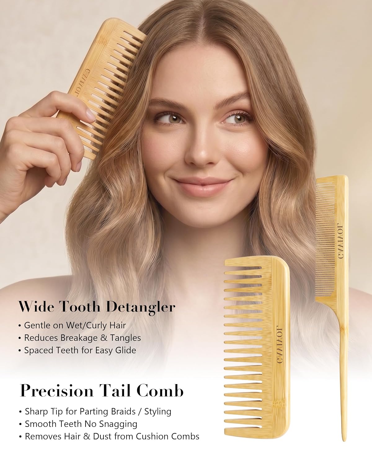 Bamboo Hair Brush 4 Piece Set,Large & Small Full Bamboo Cushion Massage Brush,Fine Tooth Tail Comb & Wide Tooth Comb,Paddle Detangling Brush for Dry, Curly and Wet Hair,for Women Men and Kids