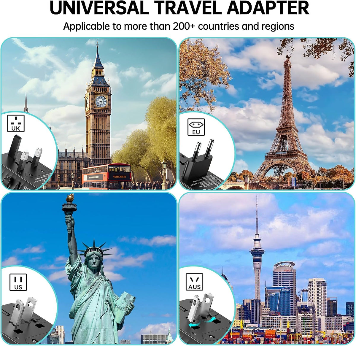 35W GaN Universal Travel Adapter with Retractable Type-C Cable,5-in-1Port International Power Adapter (1USB-A + 4 USB-C), Universal Power Adapte for Travel Essentials Plug for EU/UK/US/AU Plug