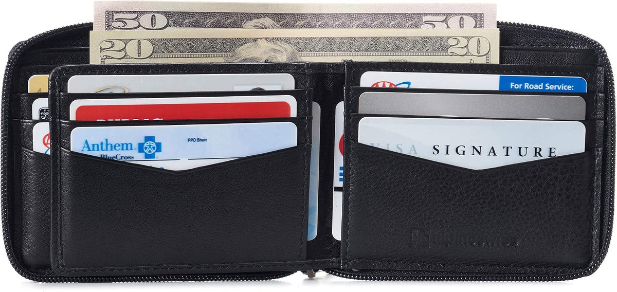 Alpine Swiss Logan Mens Bifold Wallet All-Around Zipper Closure RFID Safe