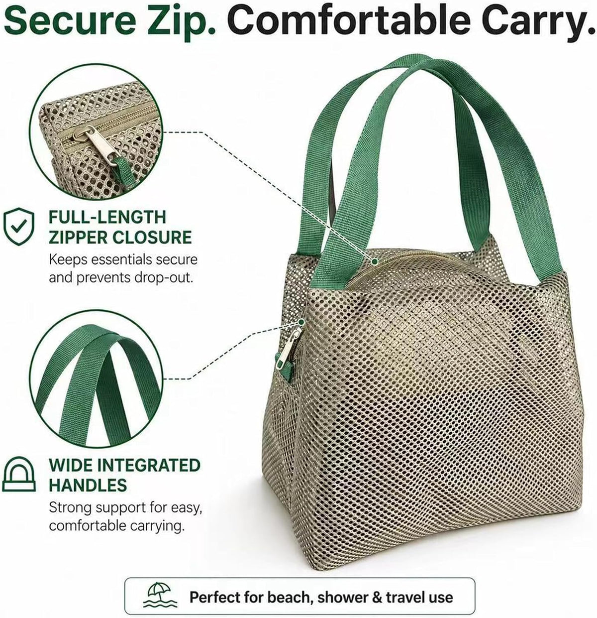 Zipper Mesh Shower Bag Portable Beach Tote for Trip Beach Gym