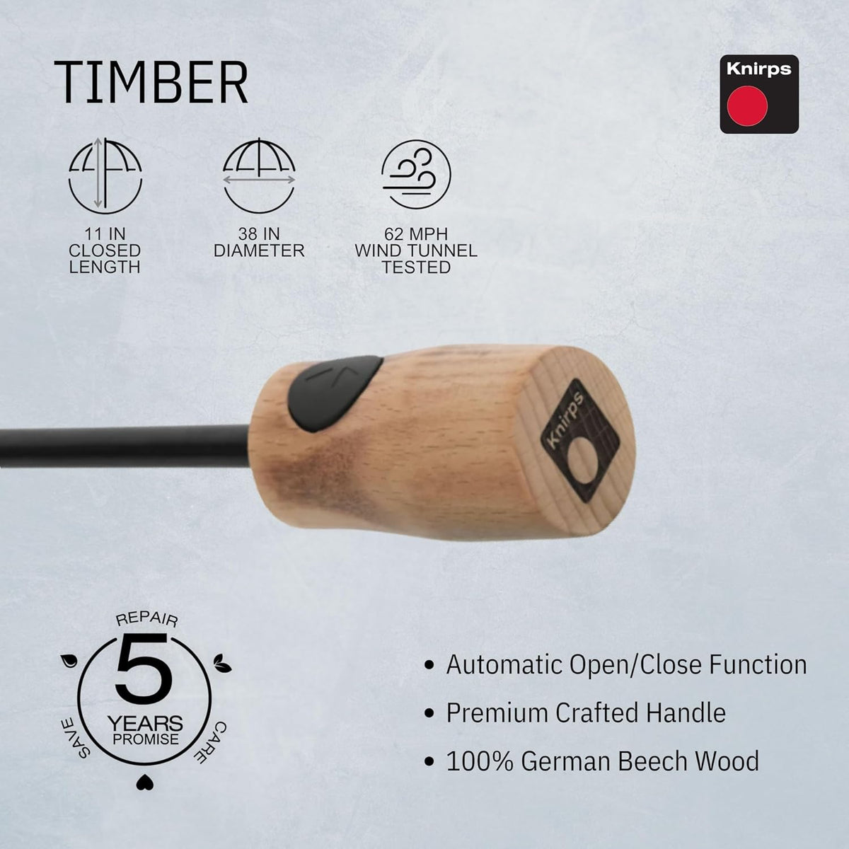 Knirps TIMBER Automatic Umbrella - Auto Open Close Duomatic Folding Rain Protection with German Beechwood Handle, Wind Tunnel Tested Frame, Compact Travel Design