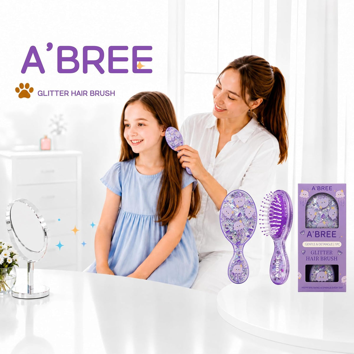 A'BREE Mini Glitter Detangling Hair Brush for Kids Girls Women – Gentle Wet and Dry Hairbrush, Travel Sized Tangle Free Knot Tamer for Toddler, Adorable Character Glitter Design (Royal Purple)