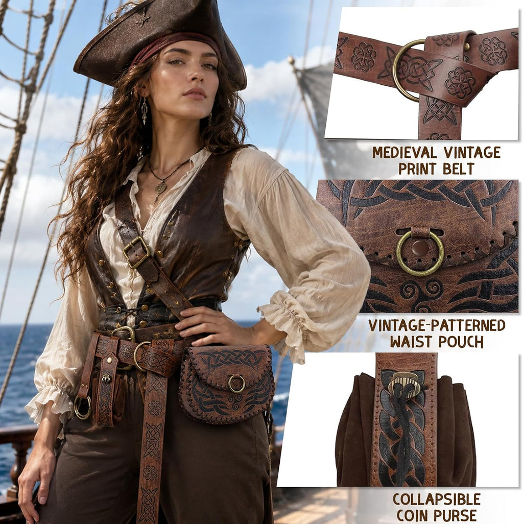 Viking Pirate Embossed Renaissance Belt Pouch Brown 4pcs