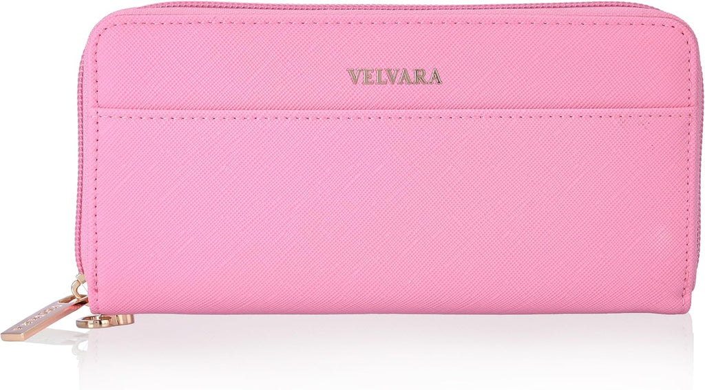 Women’s RFID Blocking Wristlet Wallet, Slim PU Leather Bifold Card Holder with Zip-Around Closure and Wrist Strap, Pink