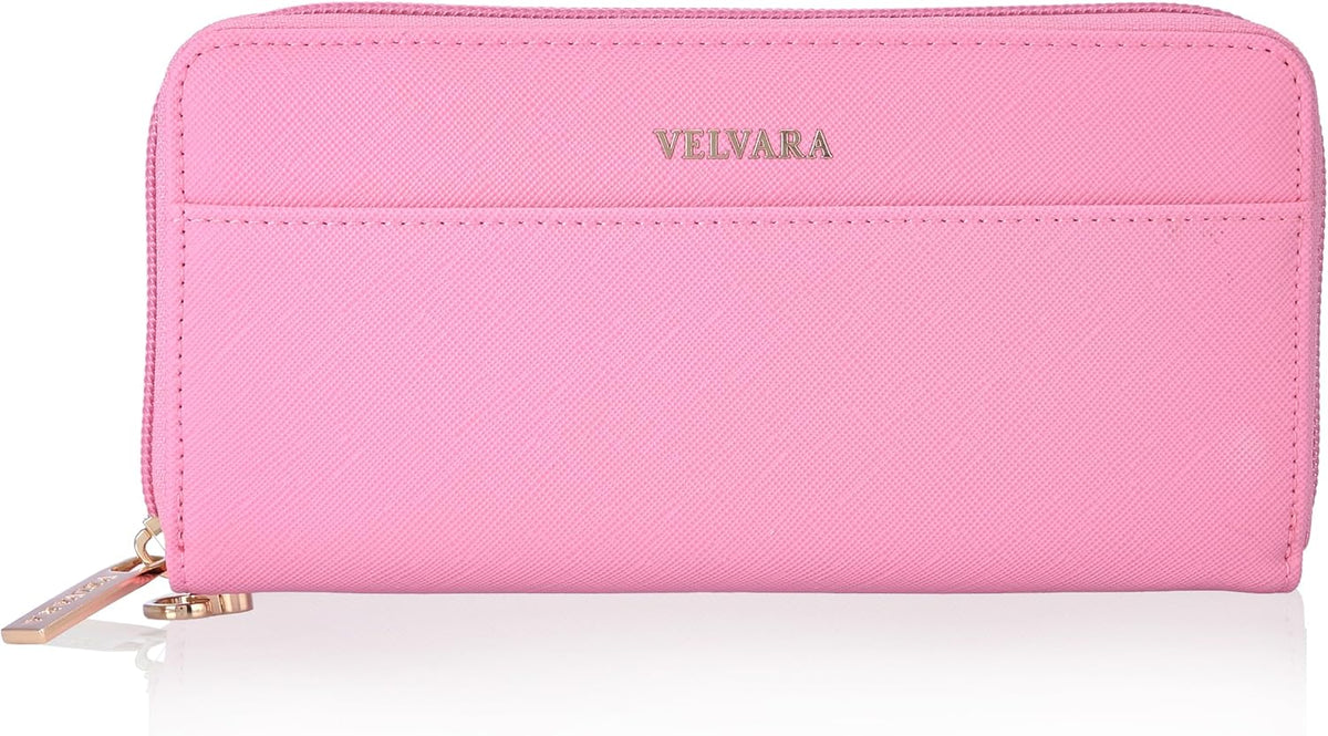 Women’s RFID Blocking Wristlet Wallet, Slim PU Leather Bifold Card Holder with Zip-Around Closure and Wrist Strap, Pink