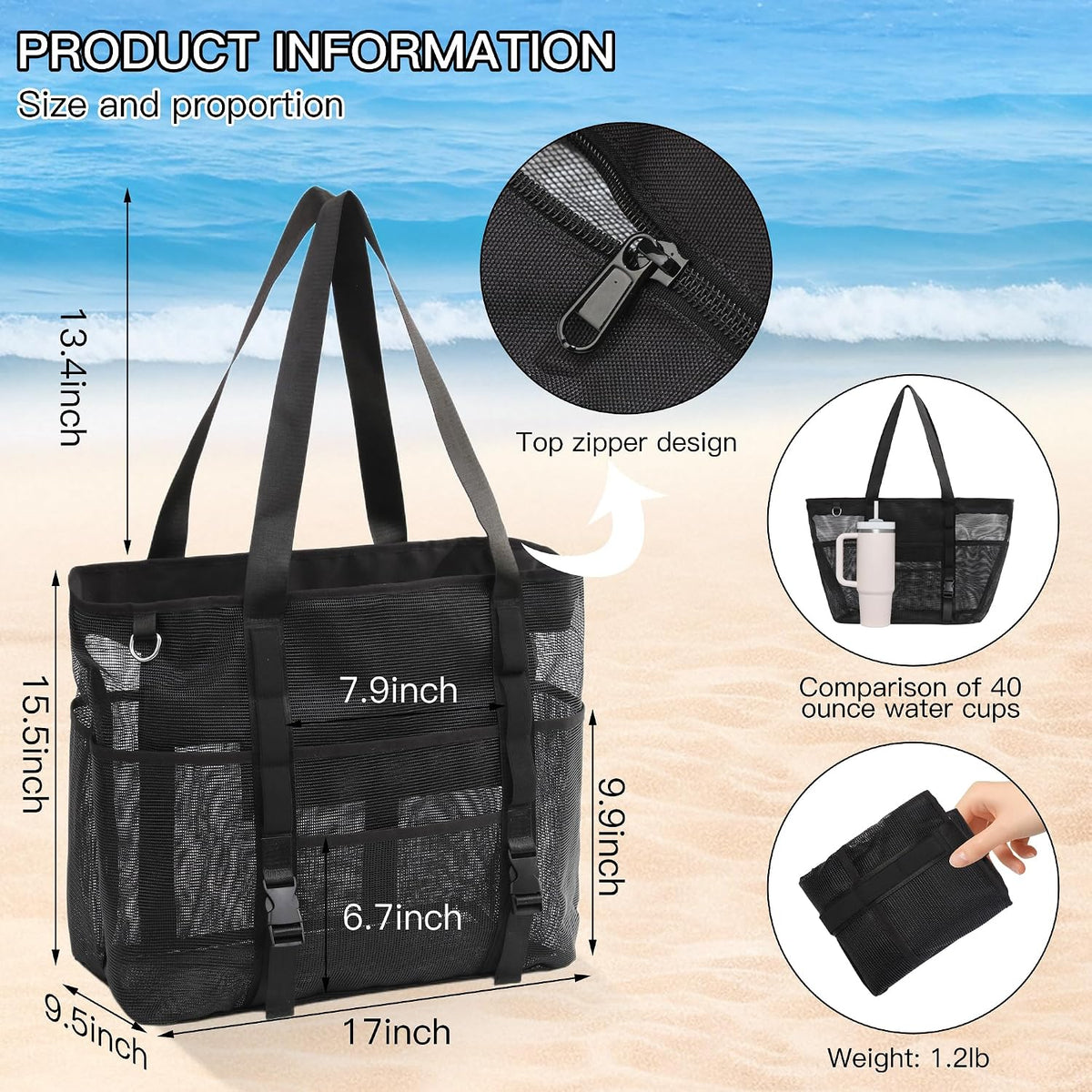 Large Mesh Beach Tote Bag with Top Zipper