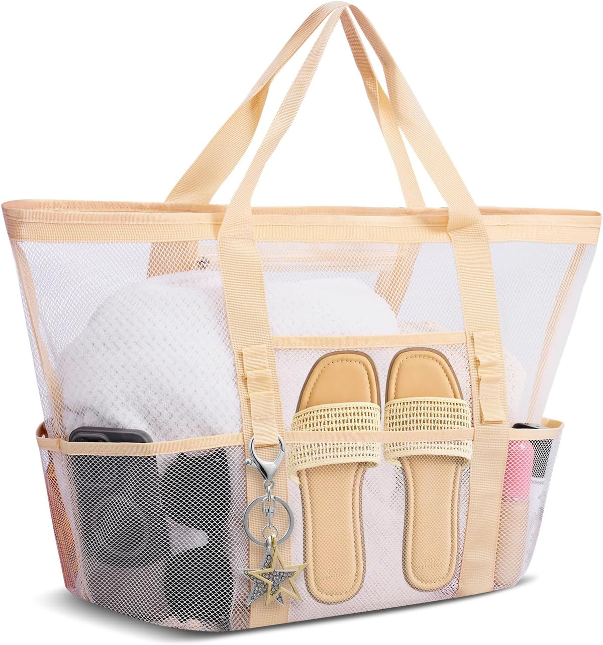 Large Mesh Beach Bag for Women, Sandproof 9-Pocket Beach Tote Bag, Quick-Drying Pool Bag for Travel Vacation