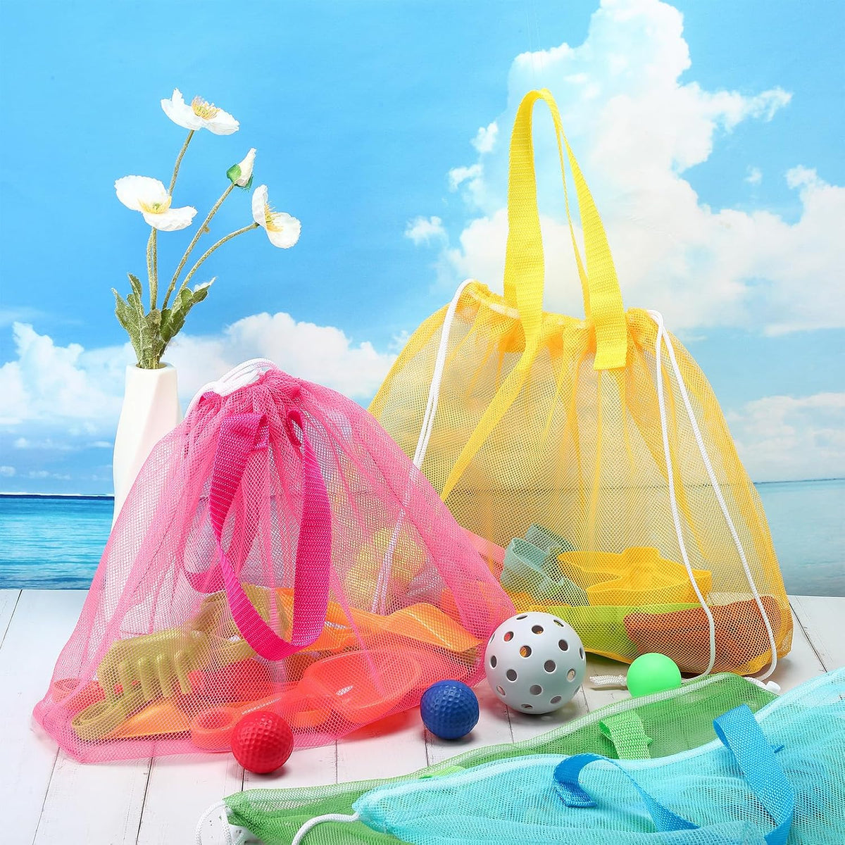 Paterr 24 Pcs Seashell Bag Mesh Drawstring, Foldable Beach Tote, 8 Colors