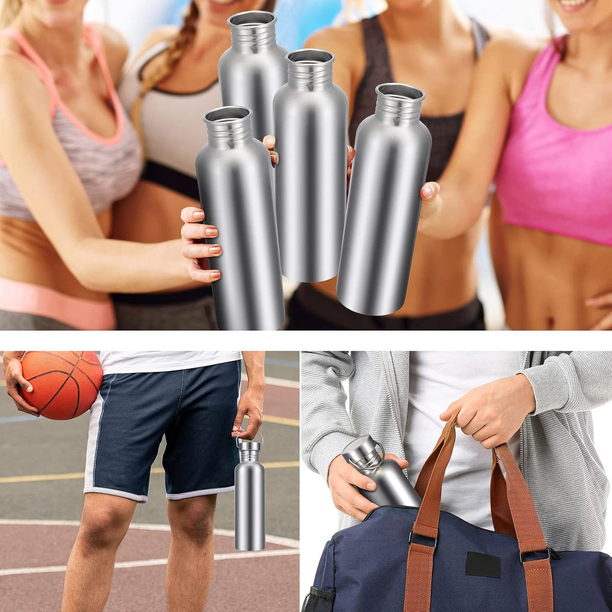 CHENGU 4 Pack Single Wall Stainless Steel Water Bottles 304 18/8 Metal Water Bottle Camping Bottles for Sports, Cyclists, Runners (Silver,26 oz)