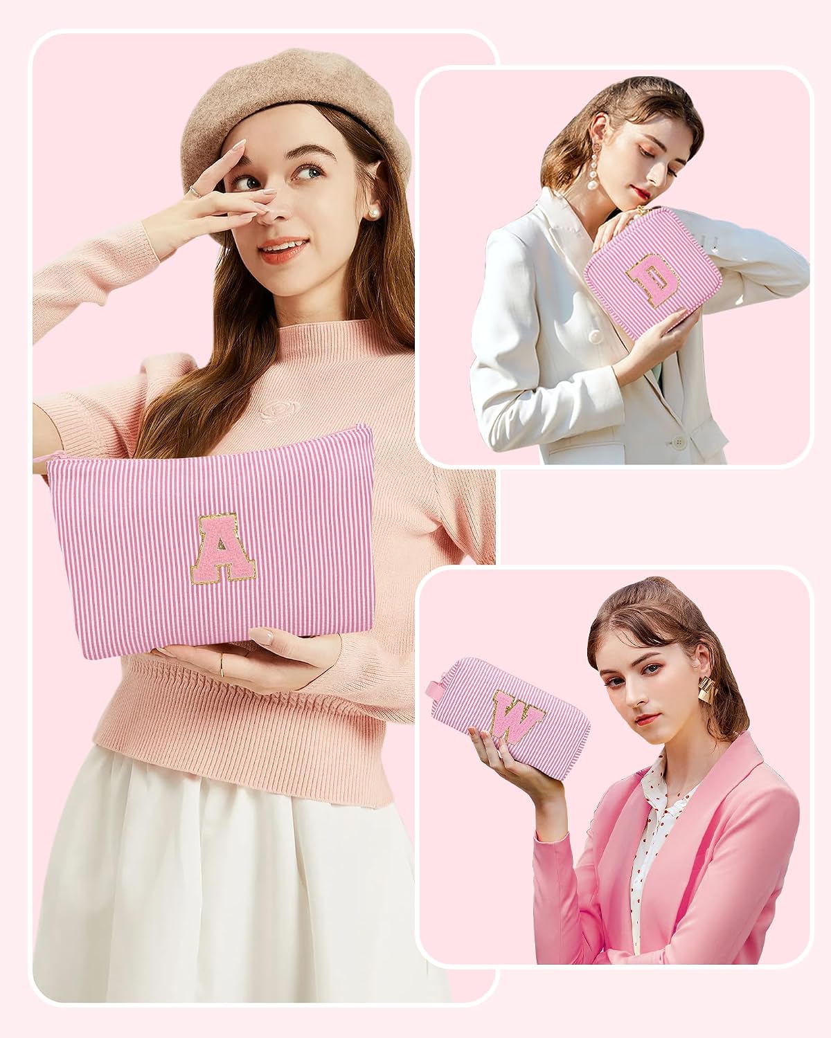 MONSTINA Personalized Initial Makeup Bag 3-piece Set for Women Teen Girls