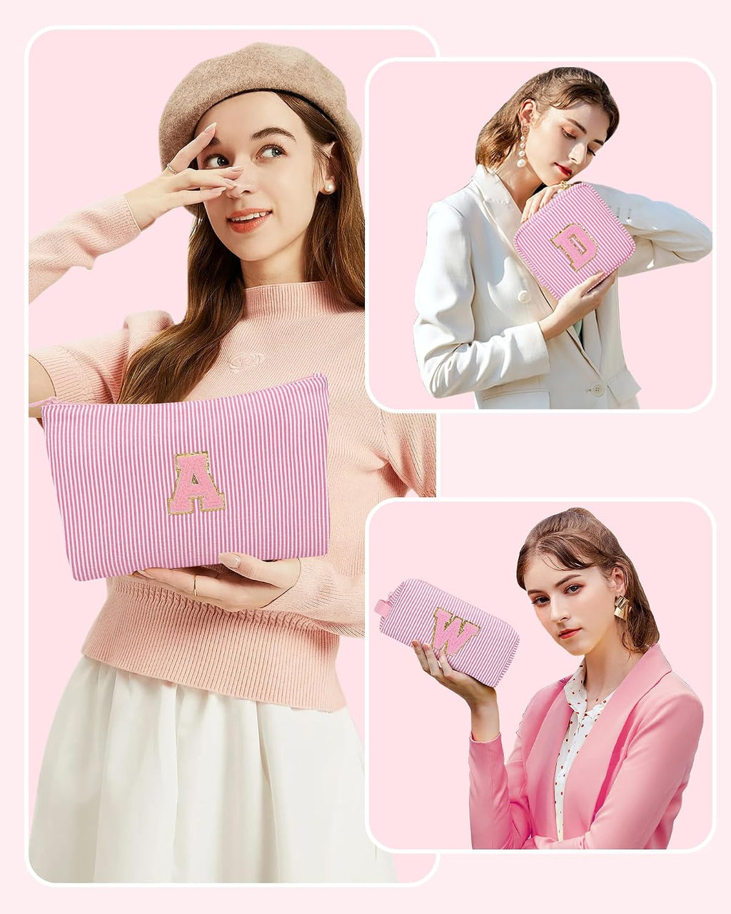 MONSTINA Personalized Initial Makeup Bag 3-piece Set for Women Teen Girls