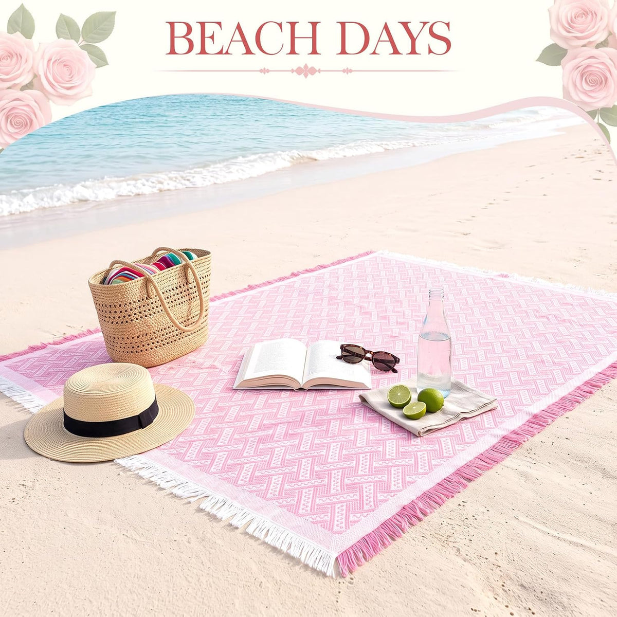 1 Pack White Pink Extra Large Picnic Blanket, 71 x 91 Inches