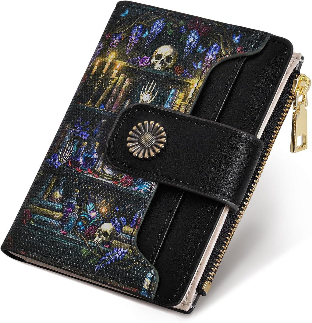 Skull Goth Small Wallet, 4.9x3.5inch RFID Blocking Bifold Card Holder Wallet with 8 Card Slots, Cash Compartment, Zipper Coin Pocket ID Window, Slim Credit Card Holder Travel Wallet, Black