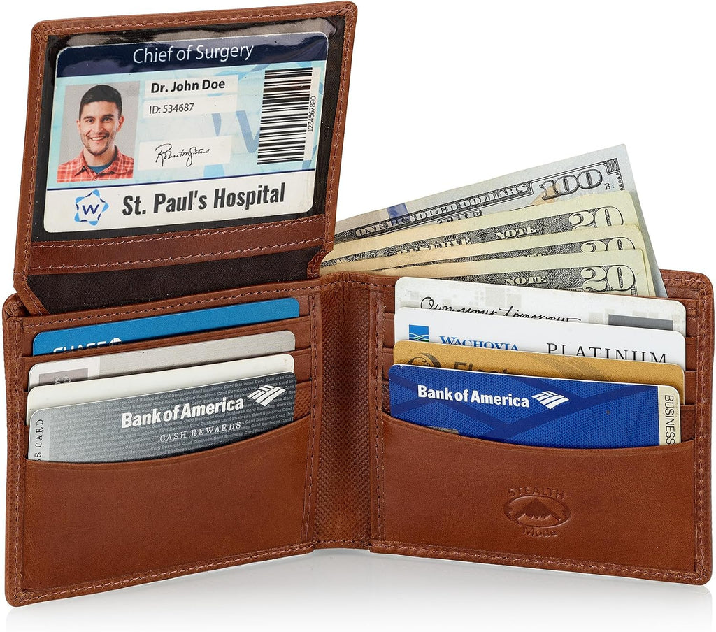 Stealth Mode Leather Bifold Wallet for Men With ID Window and RFID Blocking (Brown Crunch)