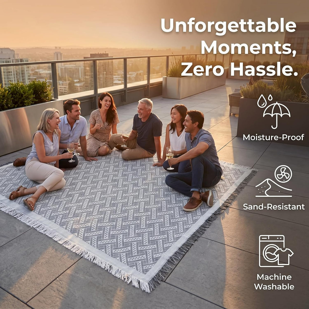 70x70 Bohemian Picnic Mat Extra Large, Sand Proof Outdoor Camping Blanket Machine Washable, Lightweight Portable Travel Tarp for 5-7 Adults Beach Park Grass (Gray-T-Grid)