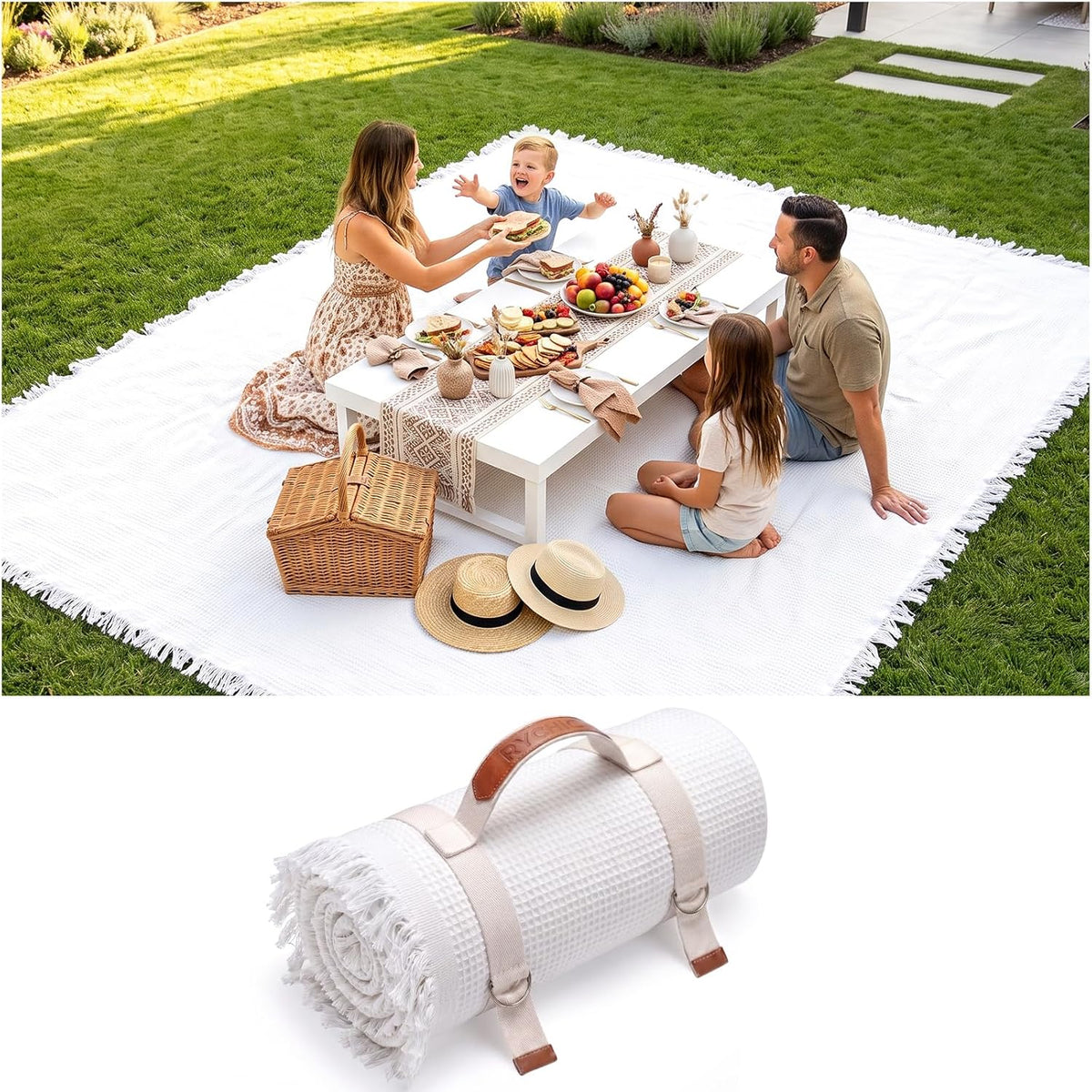 RYCHIC Extra Large Outdoor Boho Picnic Blanket Summer Woven Beach Mat Rectangle Tablecloth White Table Clothes Oversized XL Wedding Party Decoration Home Garden Decor Lawn Beach Party Theme Supplies