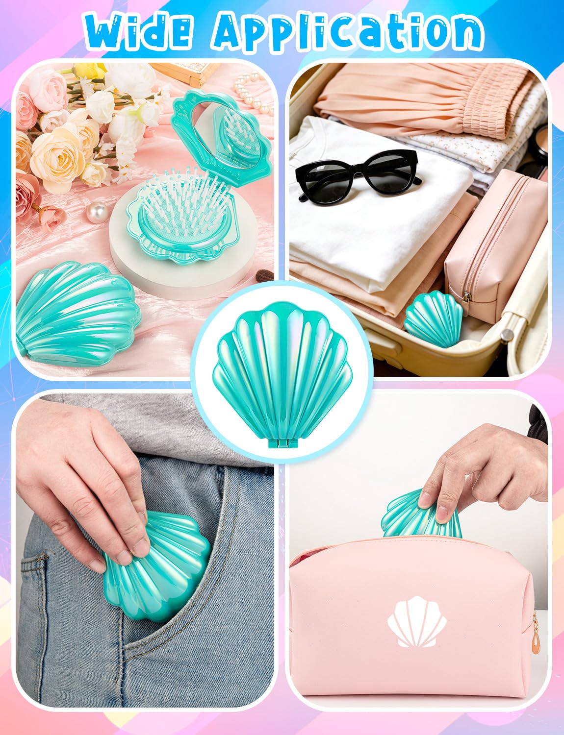 8 Pcs Foldable Travel Shell Hair Brush with Mirror