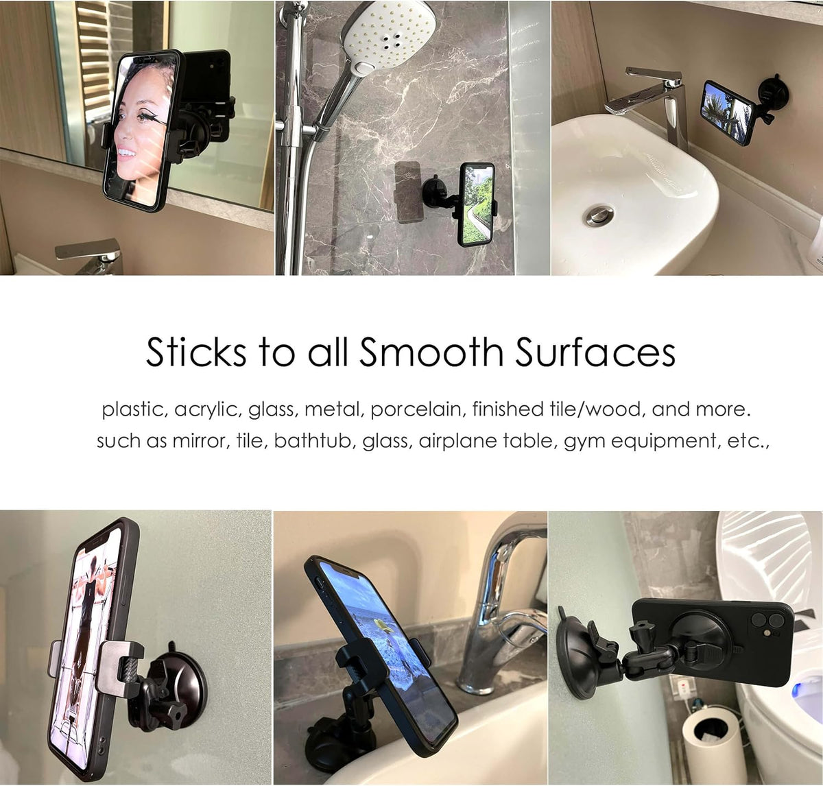 Universal Mirror Shower Phone Holder, Multi-Directional Dual 360 Degree Rotating Suction Cup Phone Wall Mount stand, Tiktok Youtube Vlog Video Recording Kit, airplane travel essentials accessories