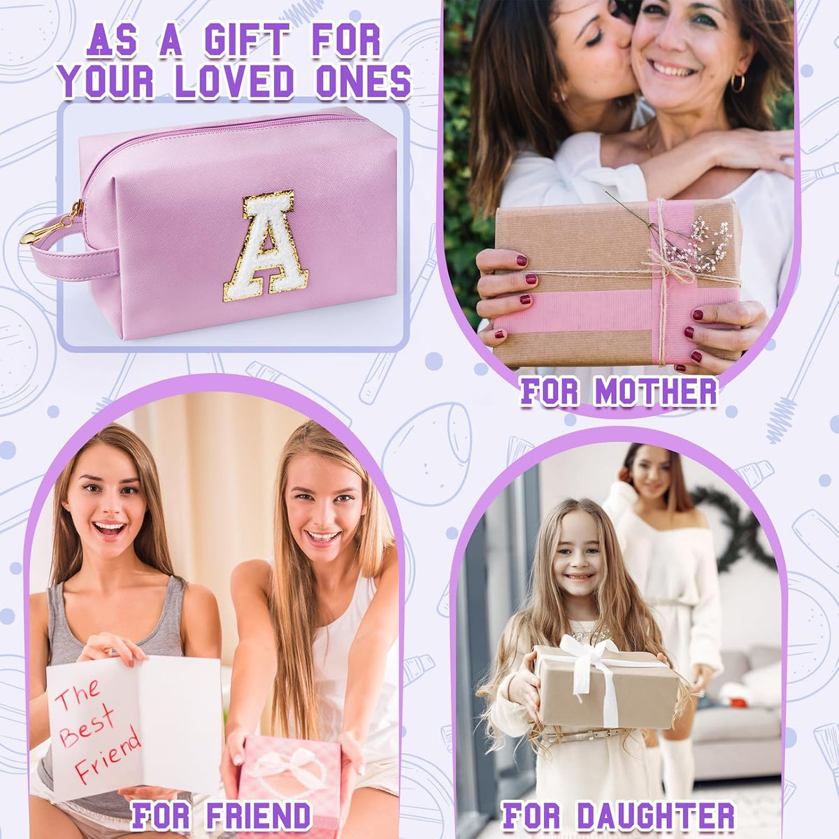 Personalized Initial Makeup Bag with Handle, Preppy Cosmetic Bag with Inner Zipper Pocket, 8 9 10 11 12 13 14 Years Old Girl, Graduation Gifts for Teen Girls Women Teachers (A, Purple)
