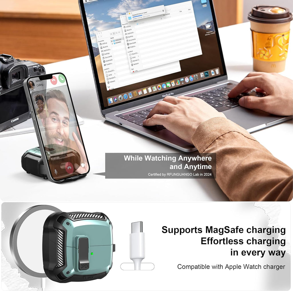 RFUNGUANGO Compatible with Samsung Galaxy Buds 3 Pro Case(2024) / Buds3 FE (2025) / Buds 3 Case (2024) with Carabiner & Cleaning Kit Phone Stand, Strong Drop Protection, Green