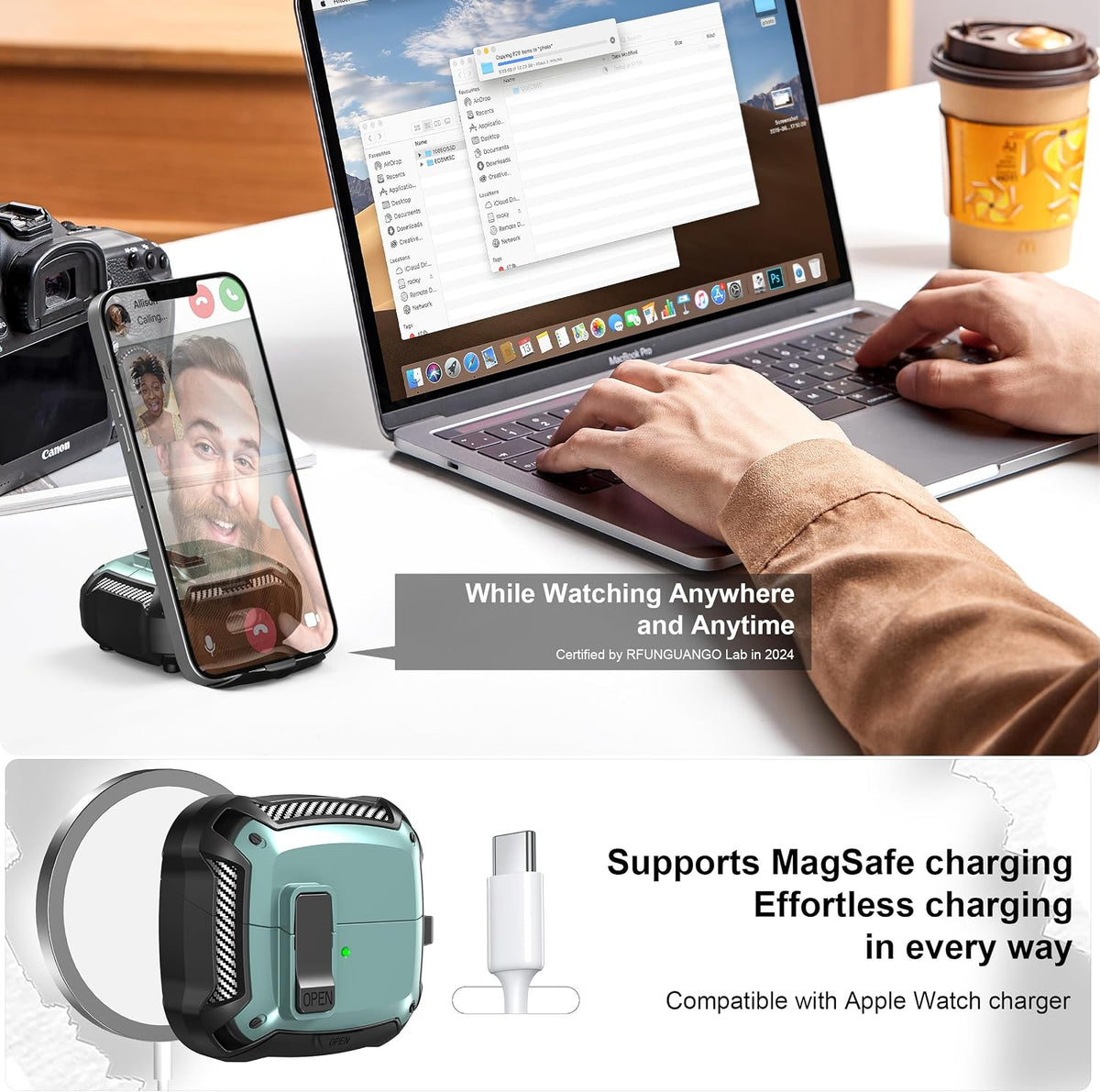 RFUNGUANGO Compatible with Samsung Galaxy Buds 3 Pro Case(2024) / Buds3 FE (2025) / Buds 3 Case (2024) with Carabiner & Cleaning Kit Phone Stand, Strong Drop Protection, Green